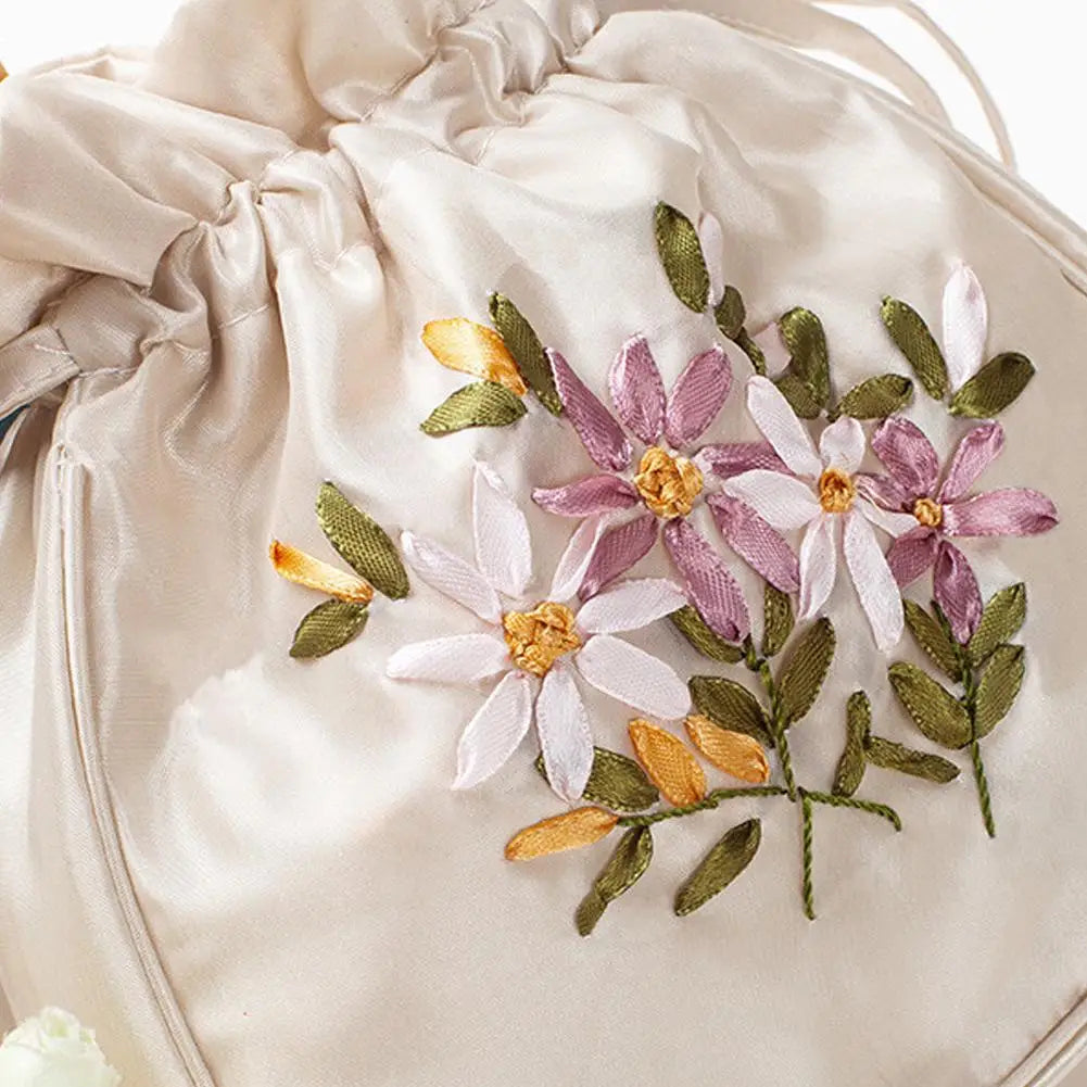 Women Bucket Bag Top Handle Ladies Handbag Phone Bag Summer Small Purse National Style Embroidered Flower Pattern Drawstring Bag