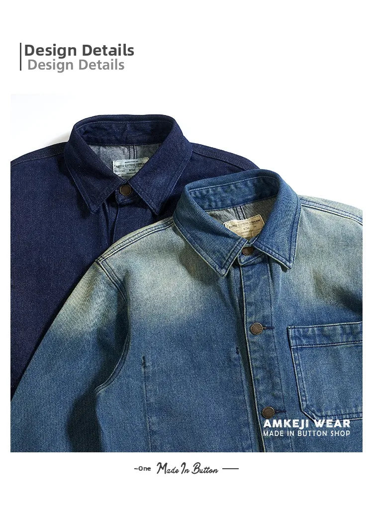 American Retro Thickened Heavyweight Men's Denim Jacket Casual Autumn Winter Workwear Outerwear Standard Fit Multi-Pocket Washed