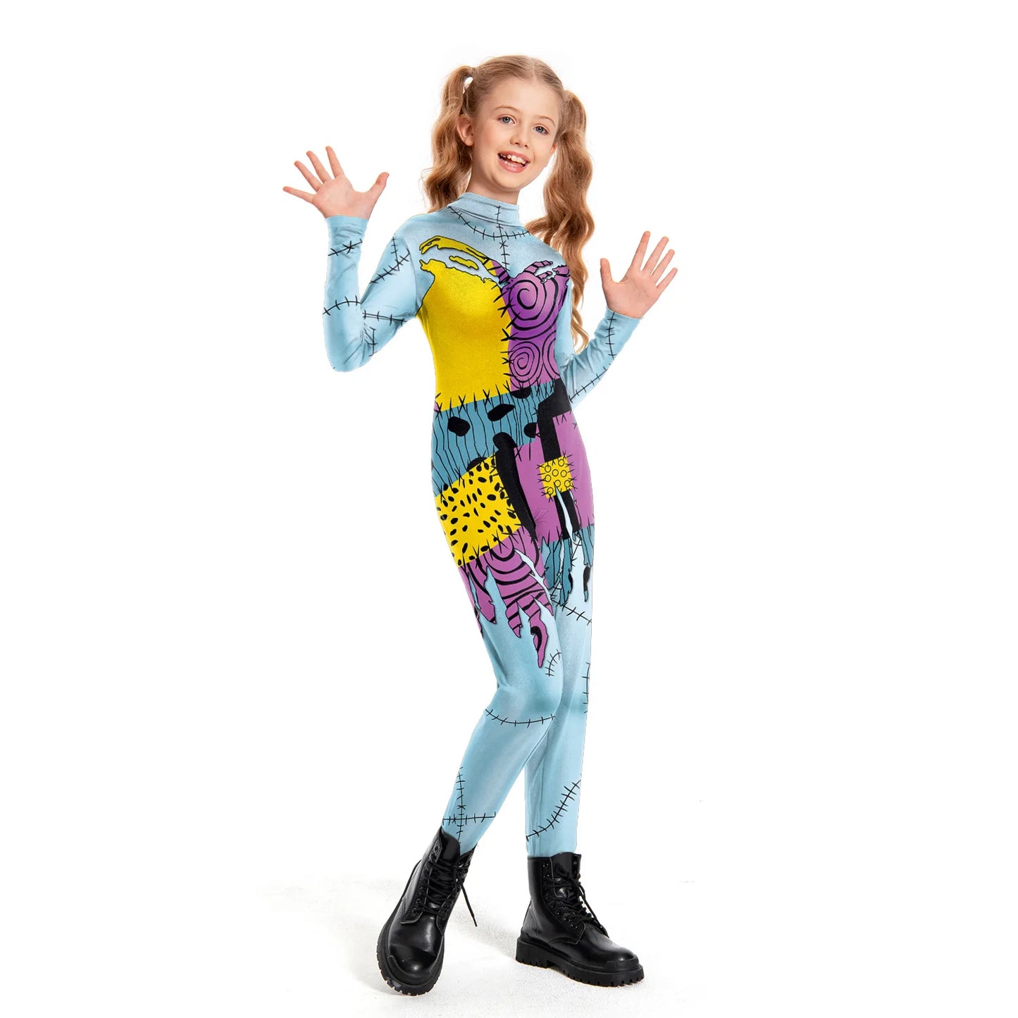 ZAWALAND Halloween Nightmare Sally Printed Cosplay Costume Girls Women Jumpsuit Christmas Cosplay Party Zenti Bodysuit Oufits