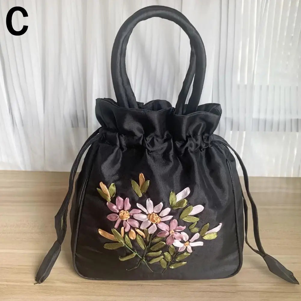 Women Bucket Bag Top Handle Ladies Handbag Phone Bag Summer Small Purse National Style Embroidered Flower Pattern Drawstring Bag