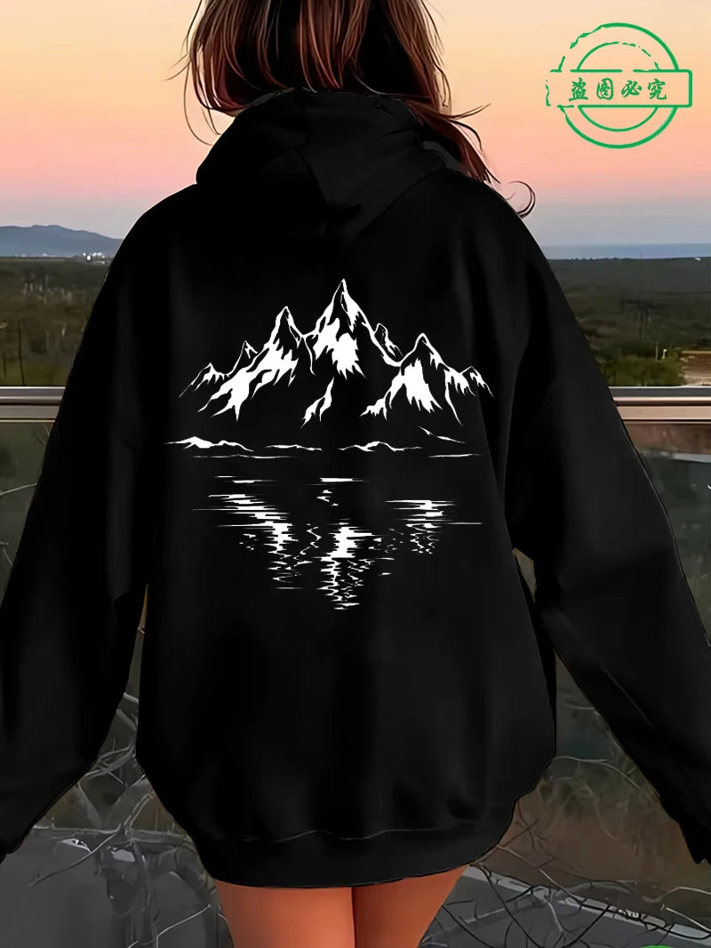 Mountain Print Women Hoodies Outdoor Climbing Hiking Graphic Hoodies Long Sleeve Top Outdoor Lovers Women's  Hooded Sweatshirts