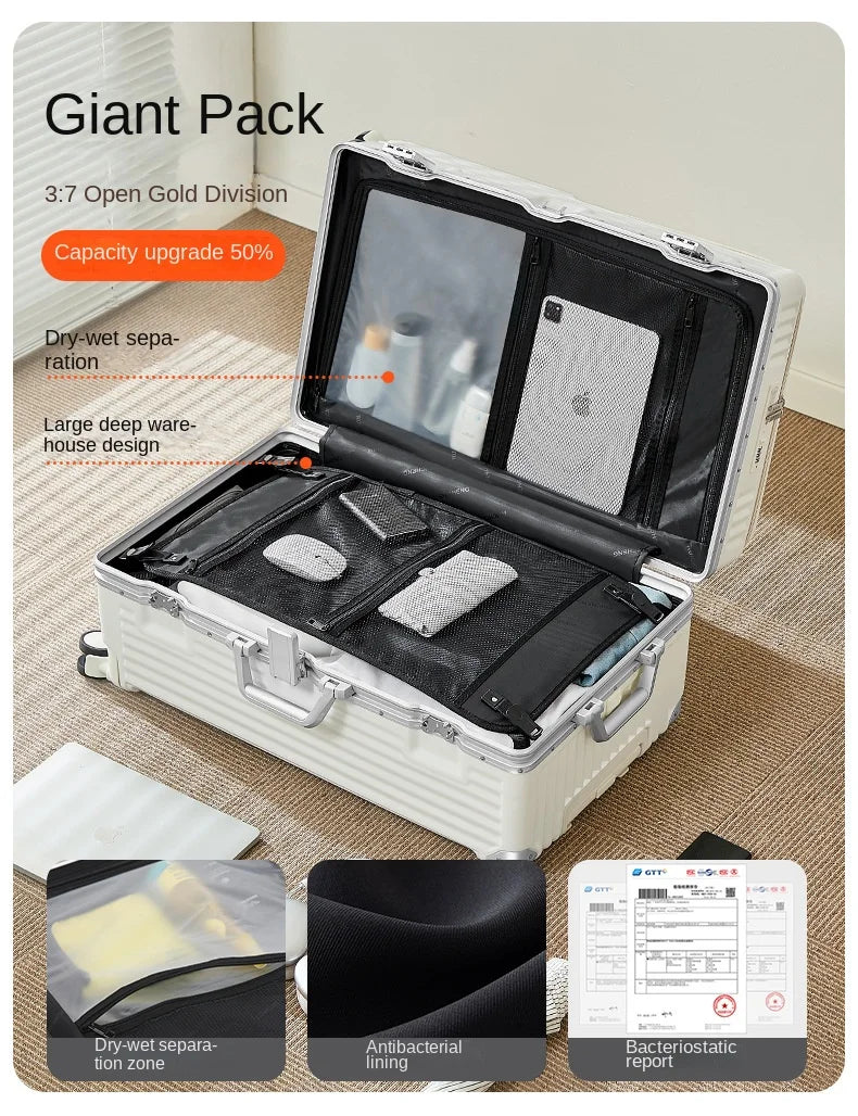 Front Opening Suitcase 20 inch Boarding Box Trolley Case 28/30 inch Luggage Large Capacity Aluminium Frame Suitcase Password Box