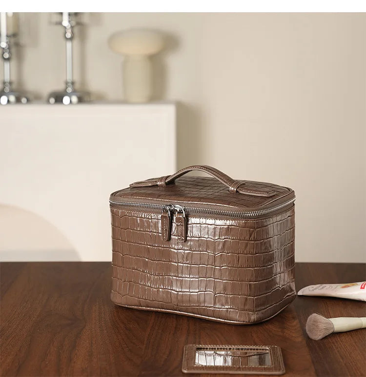 Firstgrain Cowhide Himalayan Crocodile Pattern Vanity Case Genuine Leather Square Portable Large-Capacity Hand-Held Cosmetic Bag