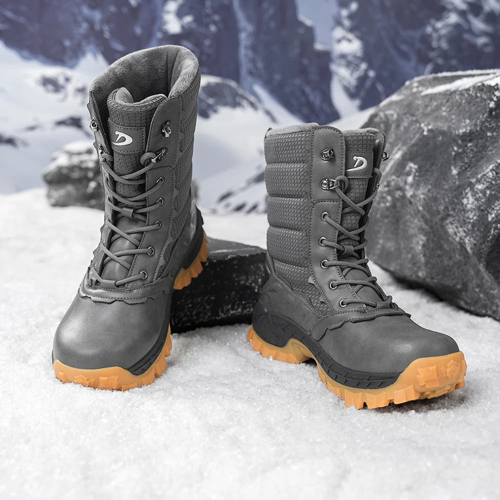 Men's Winter Snow Boots Waterproof Insulated Hiking Boots High-Top Outdoor Shoes with Warm Knit Collar, Anti-Slip Rubber Sole, C