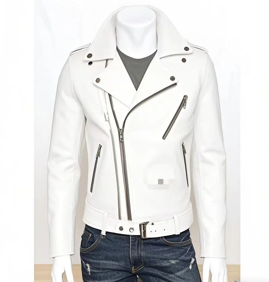 Winter and Autumn Men's Oversized Button-down PU Leather Coat with Multiple Zippers Polo Jacket, with Many Zippers