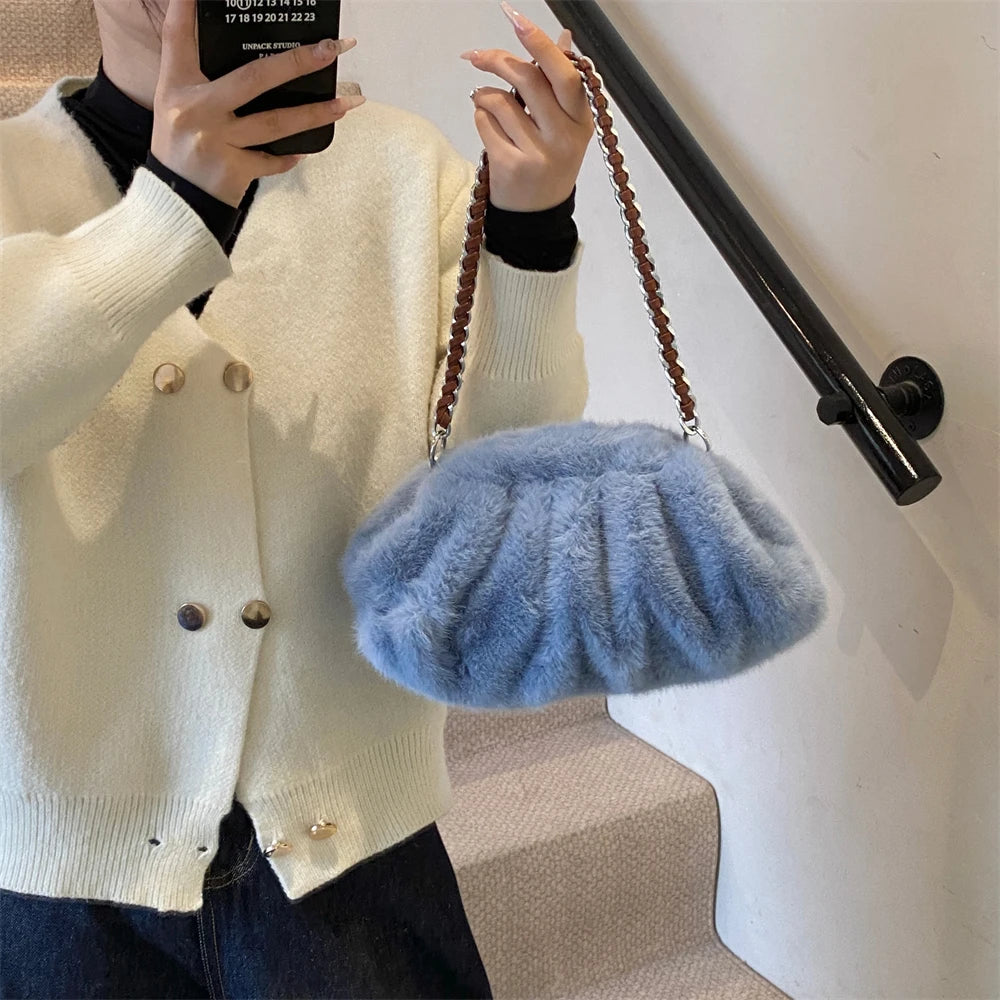MOODS Pleated Design Faux Fur Shoulder Bags For Women 2024 Luxury Designer Purses And Handbags Winter Warm Soft Plush Hobo Bags