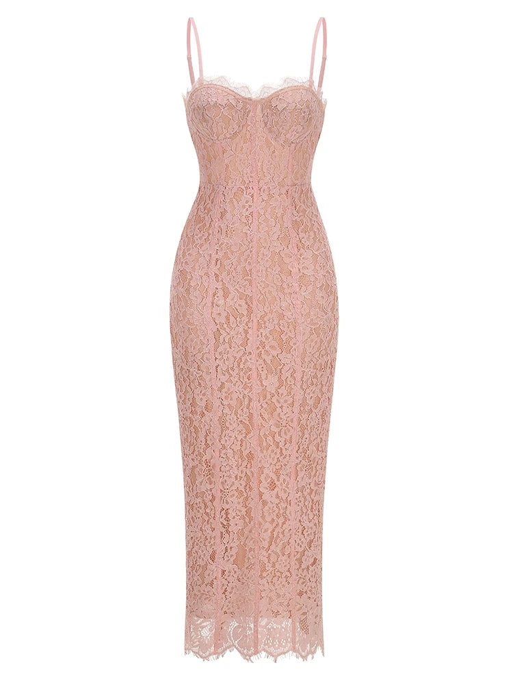 Sexy Spaghetti Strap V Neck Lace Long Dress Women Black Floral Lace Sleeveless Bodycon Dresses Elegant Evening Celebrity Party