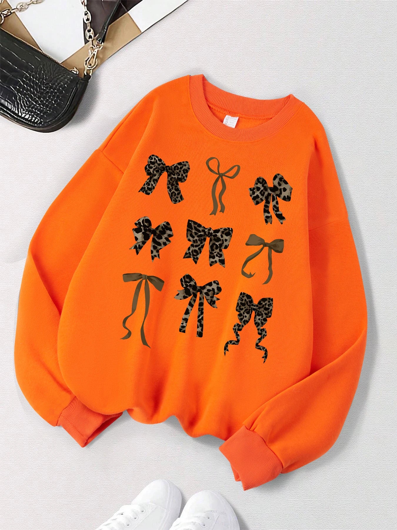 Retro Leopard Print Bow Printed Women Hoodies All-Match Comics Hoody Fleece Casual Clothes Street Hip Hop Pullover Woman