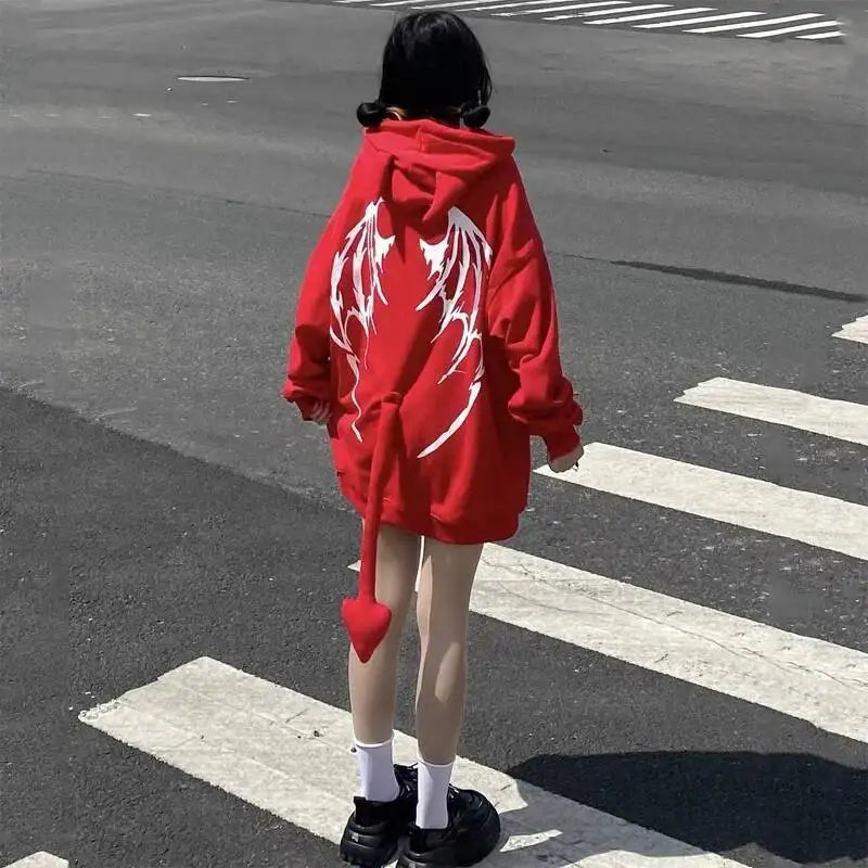 2025 Autumn Harajuku Hoodies Women Gothic Devil Horn Hooded Sweatshirt Halloween Cos Clothes Detachable Tail Zip-Up Outwear