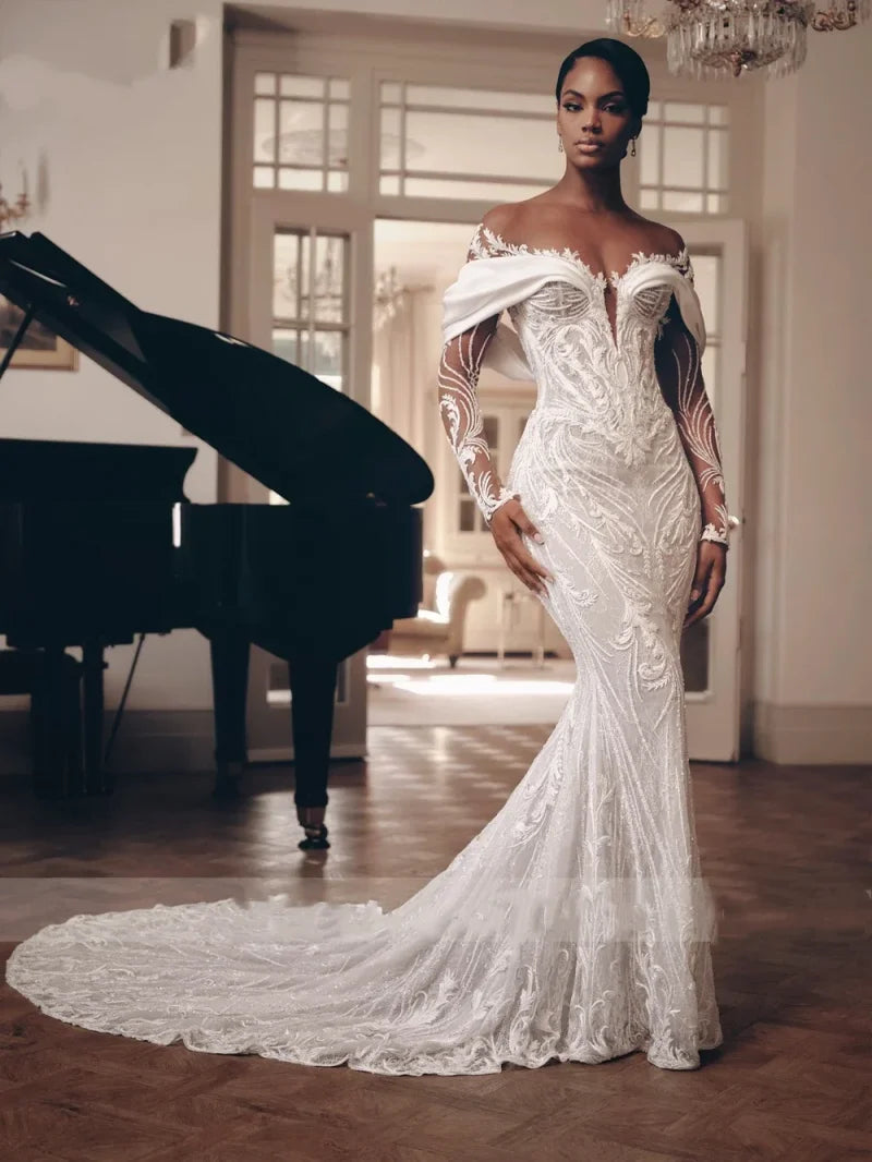 Luxury Lace Mermaid Wedding Dress Off Shoulder Long Sleeve Deep V-neck Detachable Tail Elegant Shining Wedding Dress Custom