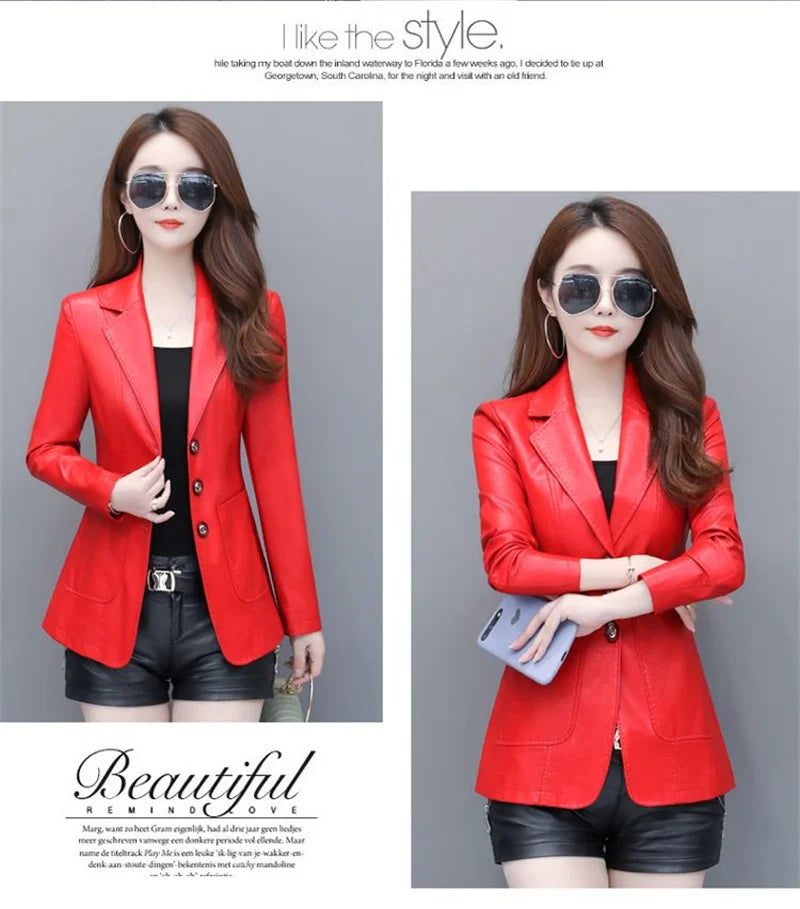 High Quality 2026 Autumn And Winter New  Leather Leather Coat Women's Short Slim Suit Collar Leather Jacket Female's Coat Black