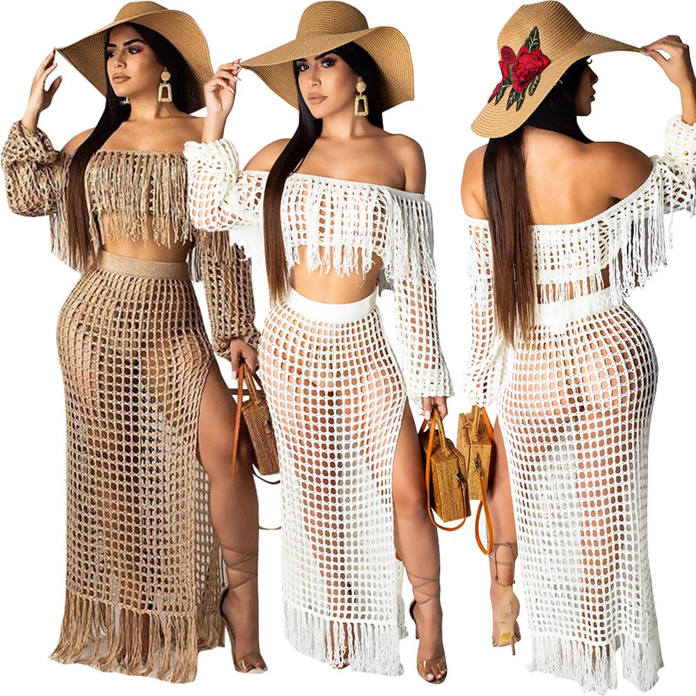 Skirt 2 Piece Set Women Beach Long Skirts Suit Top Off Shoulder Tassels Sexy Hollow Out Ensemble 2025 Summer Female Outfits