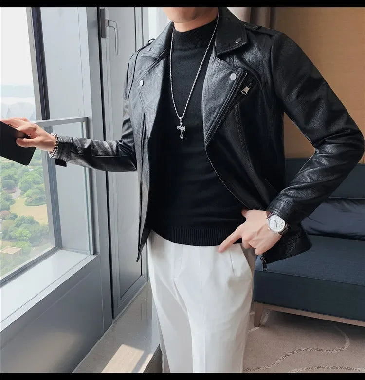 Men High Quality Faux Leather Jacket Vintage Oblique Zipper  Slim Fit Motorcycle Outwear Male Autumn Winter PU Leather Coats