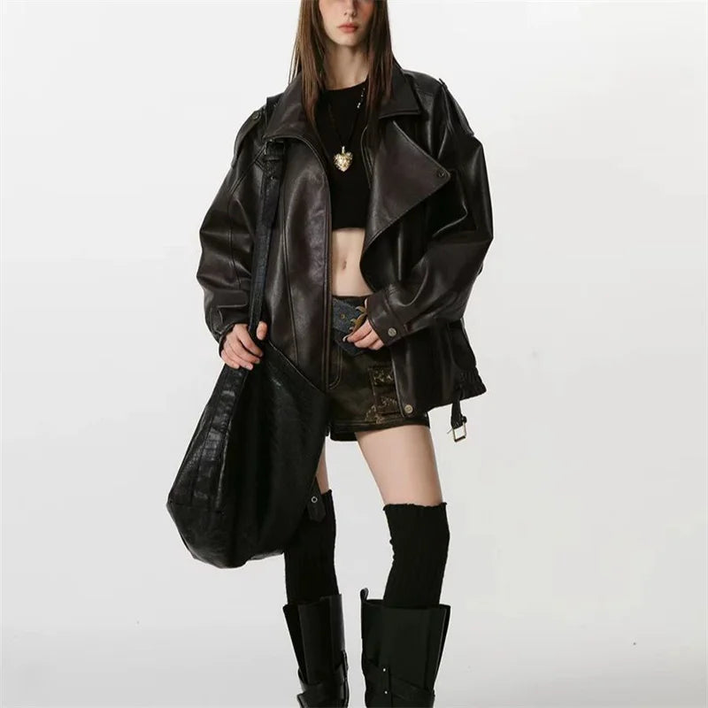 Winter Ladies High End Faux Leather Outwear American Femme Long Sleeves PU Leather Jacket Autumn Women Fashion Casual Loose Coat