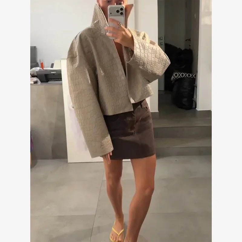 Women Cropped Faux Croc Leather Jacket Loose Solid Fashion Stand Collar Outerwear 2026 Autumn Street Winter Casual Party Coats