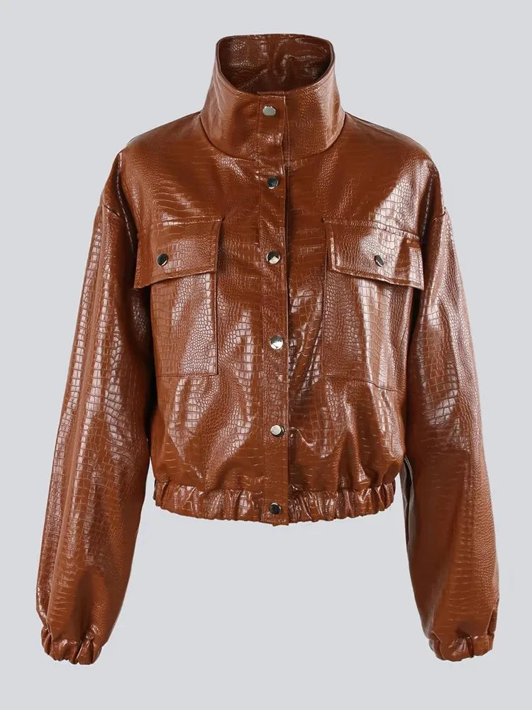 Mauroicardi Spring Autumn Short Black Brown Crocodile Print Faux Leather Jacket Women Stand Collar Button Up Luxury Clothes 2025