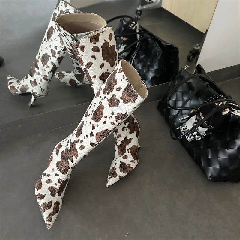 ZAROY Stiletto Heel Knee High Boots Brand Designer Brown Cow Print Pointed Toe Zipper Runway Banquet Dress High Botas сапоги