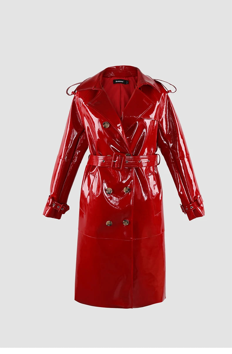 Nerazzurri Autumn Long Shiny Black Red Patent Pu Leather Trench Coat for Women Belt Double Breasted Luxury Designer Clothes 2023