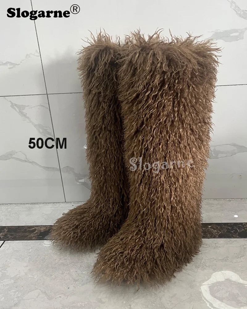 New Over The Knee Fur Boots Women Warm 72CM Long Faux Mongolian Fur Snow Boots Winter Luxury Fluffy Shoes Plush Platform Shoes