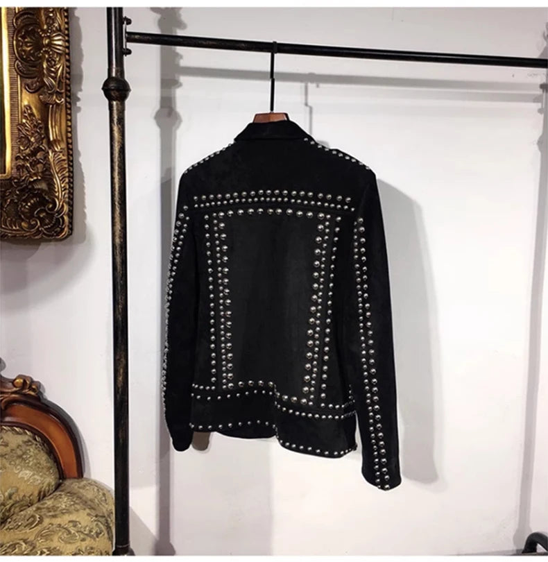 Mauroicardi Spring Autumn Cool Studded Short Black Faux Suede Leather Jacket Men Luxury Designer Emo Night Club Wear Clothes