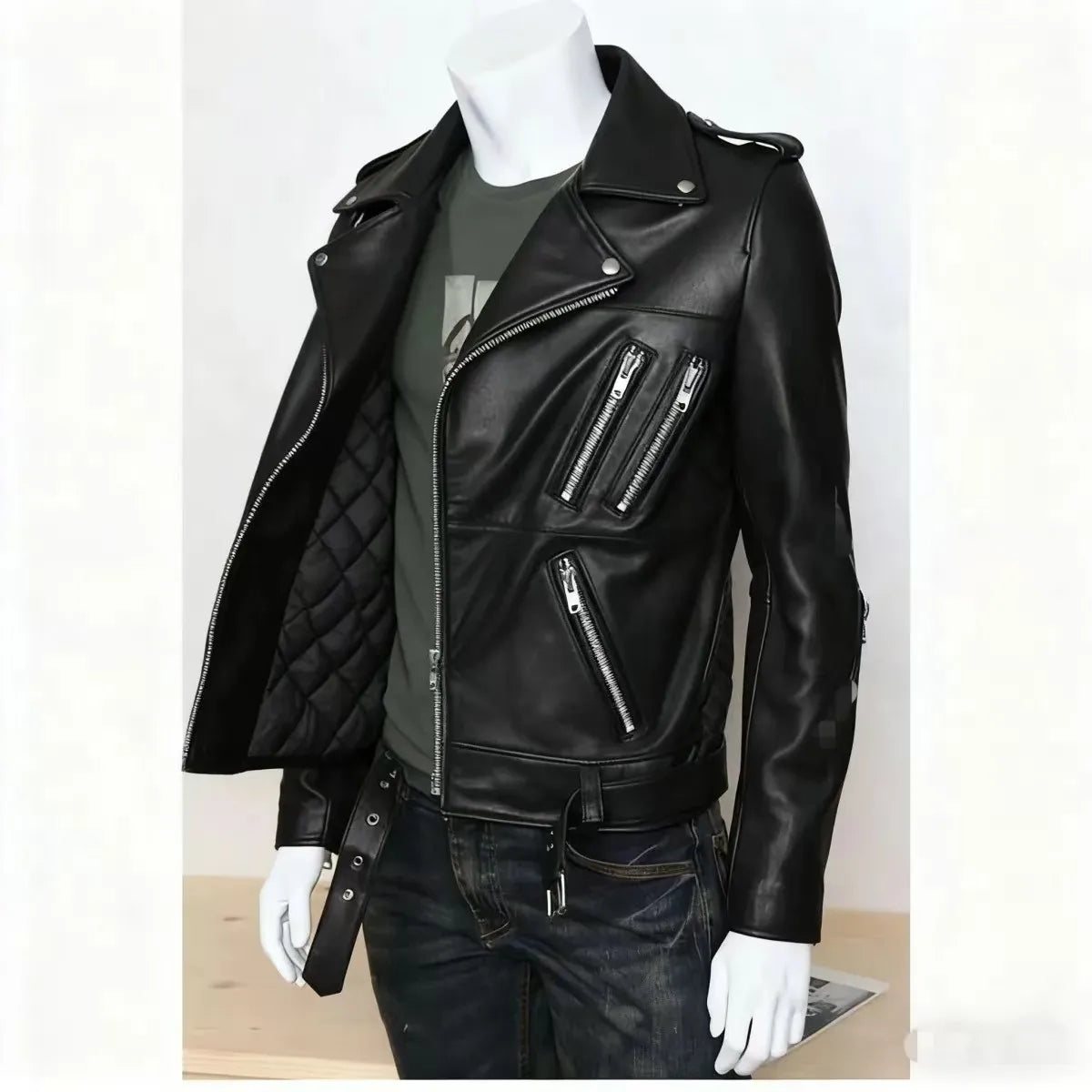 Winter and Autumn Men's Oversized Button-down PU Leather Coat with Multiple Zippers Polo Jacket, with Many Zippers