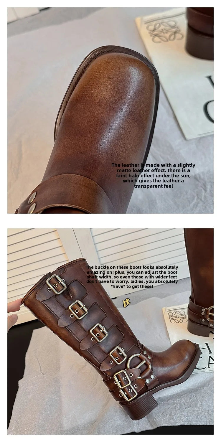 Arden Furtado Women's Cowhide Riding Boots Round Toe Pull-On Mid-Calf Genuine Leather Boots with Belt Buckle Knight Style