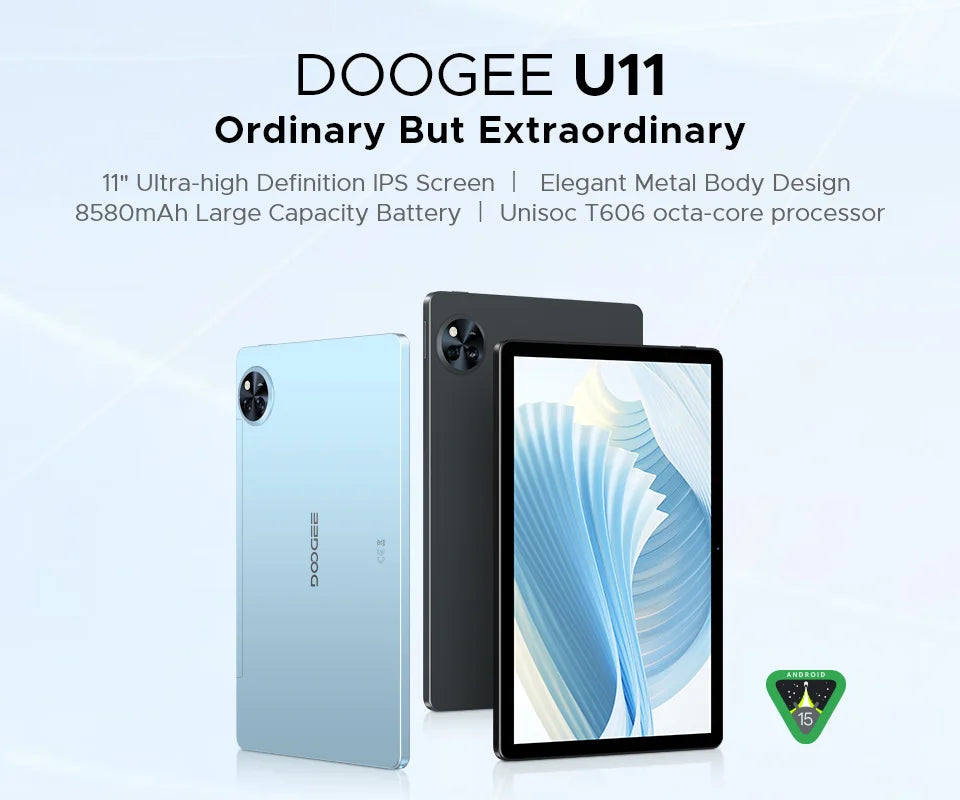 DOOGEE U11 Android 15 Tablet 11" Ultra-clear 90Hz Display 16GB(4+12) 128GB 8580mAh Battery Unisoc T606 octa-core Dual Speaker