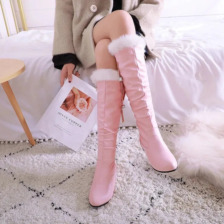 Winter Warm Knee High Boots Women Platform Wedges High Heels Snow Boots Slip on Winter Ladies Shoes White Black Pink 2025