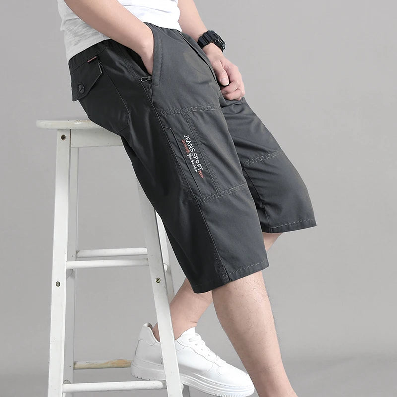 Zipper Pocket Workwear Shorts Mens Knee Cargo Pants 2026 Summer Cotton Shorts Men Climbing Jogger Elastic Waist Sports Work Wear