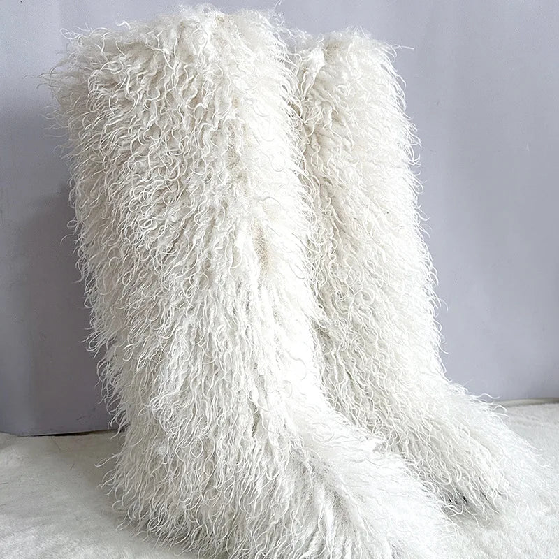New Over The Knee Fur Boots Women Warm 72CM Long Faux Mongolian Fur Snow Boots Winter Luxury Fluffy Shoes Plush Platform Shoes