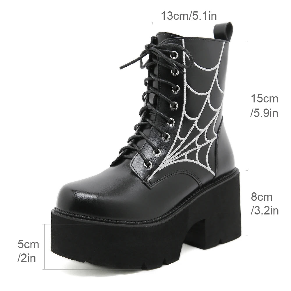 Gdgydh Women Punk Boots PU Leather Embroidered Spider Web Design Shoes Cool Retro Chunky Wedges Platform Boots Lace Up