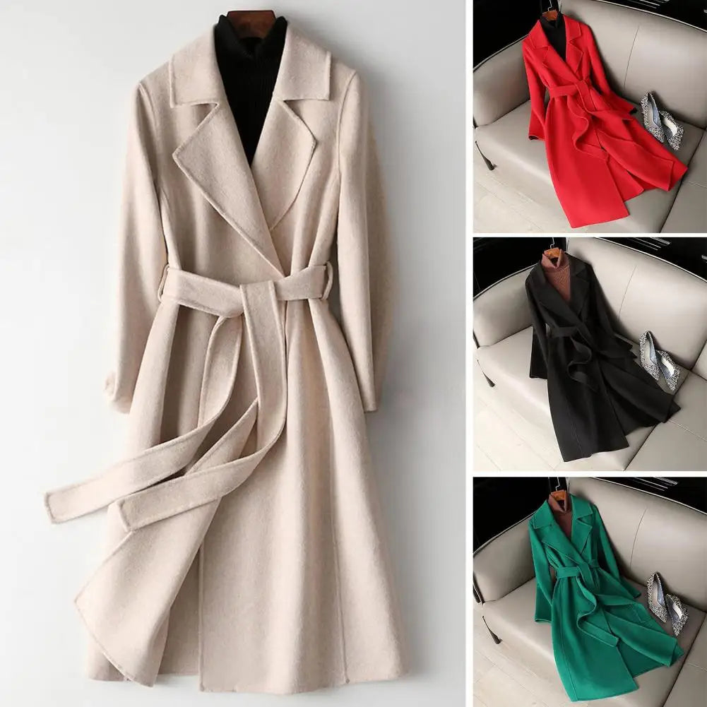 Women Wool Coat Womens Long Wool Peacoat with Belt Notched Lapel Overcoat Warm Fall Winter Trench Coat for Weather Polyester