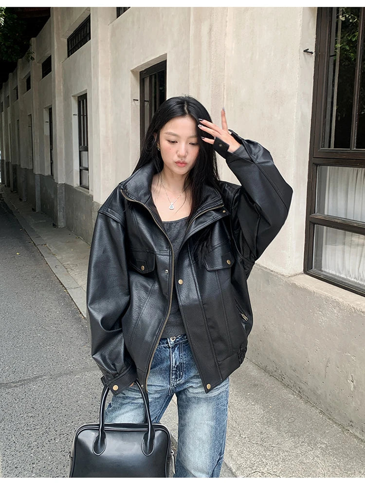 Lautaro Spring Winter Cool Oversized Thicken Warm Black Hard Pu Leather Jacket Women Long Sleeve High Quality American Clothing