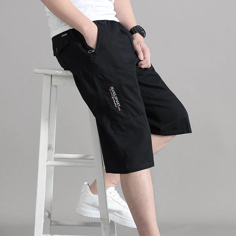 Zipper Pocket Workwear Shorts Mens Knee Cargo Pants 2026 Summer Cotton Shorts Men Climbing Jogger Elastic Waist Sports Work Wear