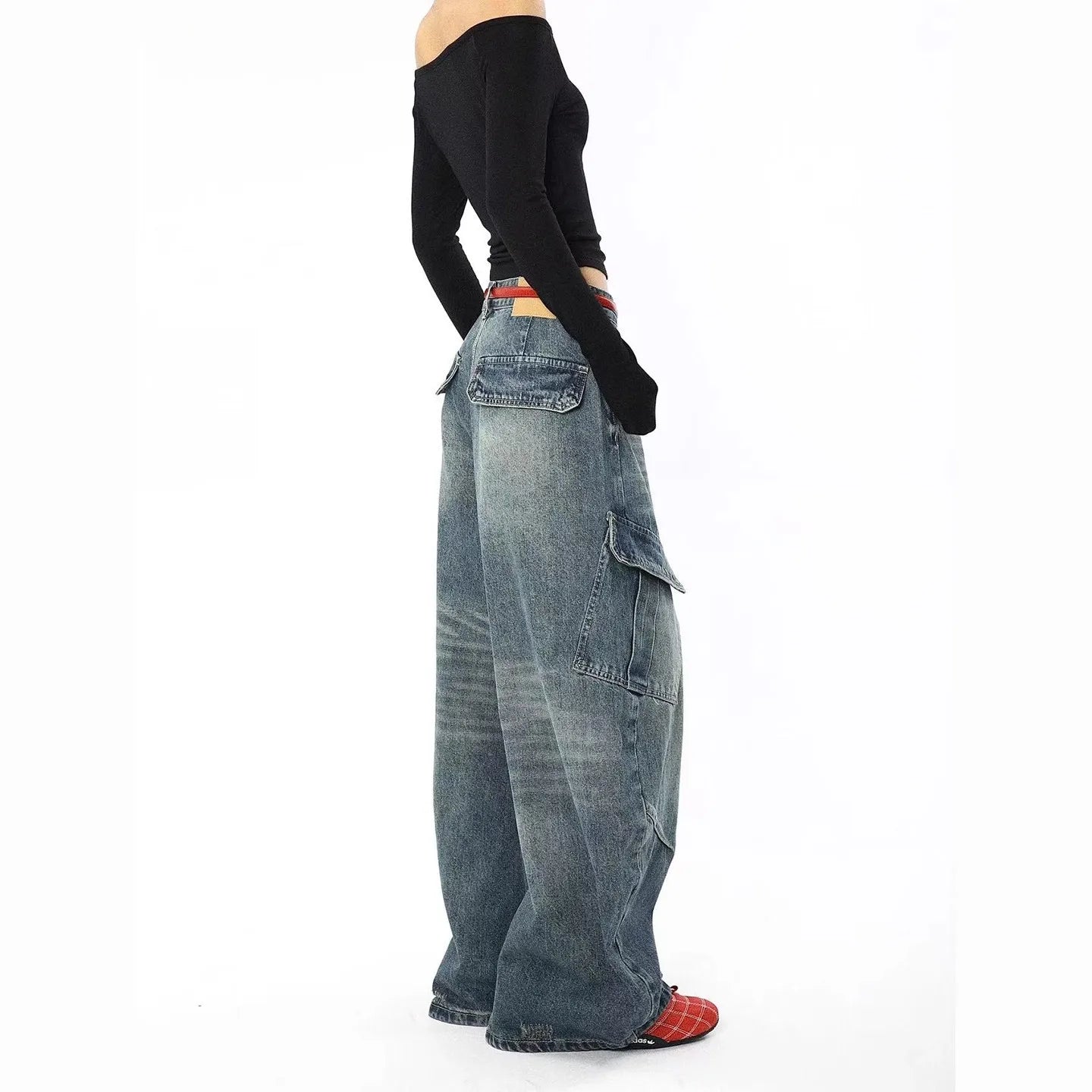 Retro American Straight Leg Loose Fit Wide Leg Workwear Jeans Men's Women's Knife Design Multi-Pocket Casual Loose Drapey