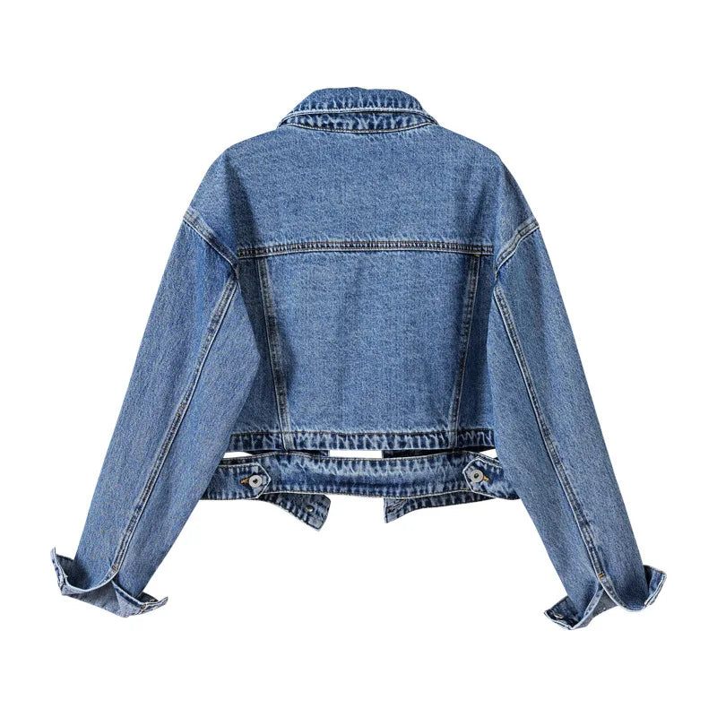 2026 Women's Blue Shorts Denim Jacket, Fashion Casual Coat Black Lapel Single-breasted Long-sleeved Female Overcoat S-XXXL