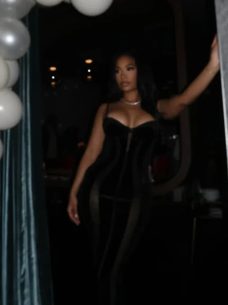 Women Black Velvet Sheer Maxi Dress Sexy Chic Mesh Patchwork Off-shoulder Waist Cinching Slim Maxi Dresses 2026 Club Party Gowns