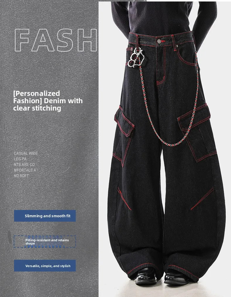 American Retro Washed Denim Jeans Multi Pocket Loose Slimming Long Trousers Straight Cut Mid Waist Zipper Fly Casual Jeans