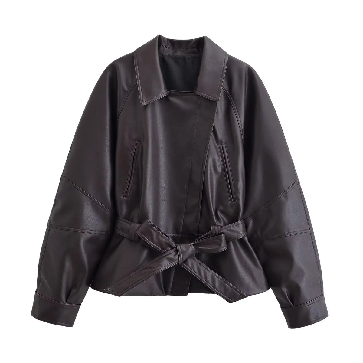 HH Women Fashion Black Short Faux Leather Trench Coat Long Sleeve Lapel Jacket With Belt Vintage Lady Motorcycle Jacket Outwear