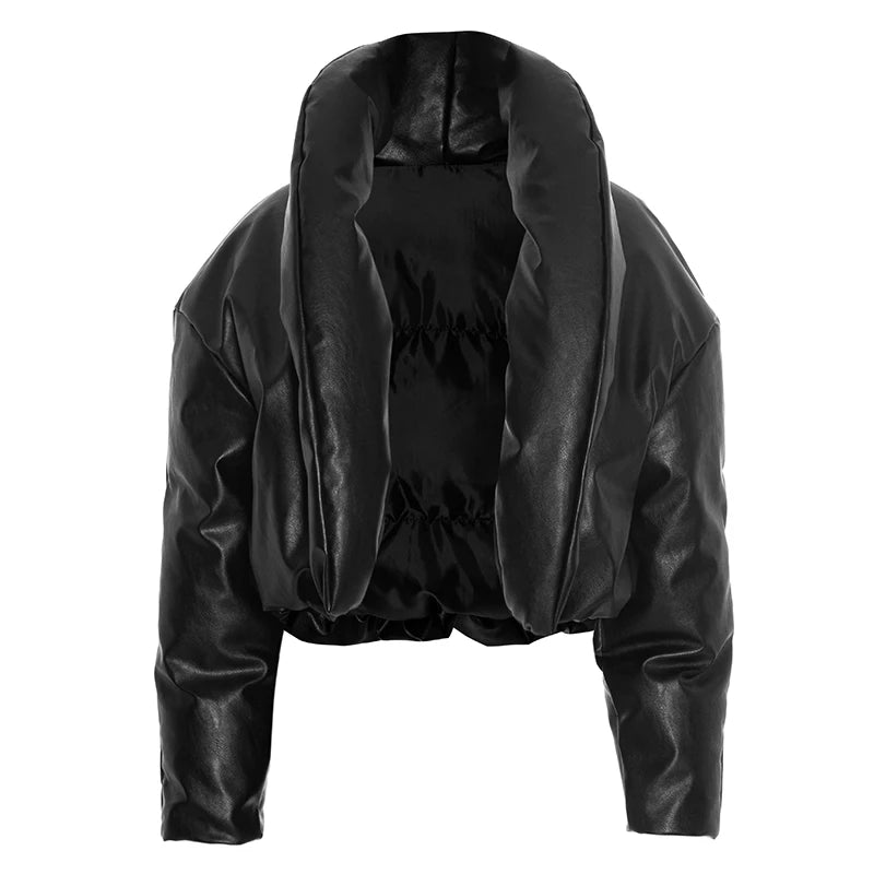 Kliou Faux Leather Puffer Coats Woman Winter Warm Trend Stand Collar Full Sleeve High Street Casual Fashion Style Crop Jacket