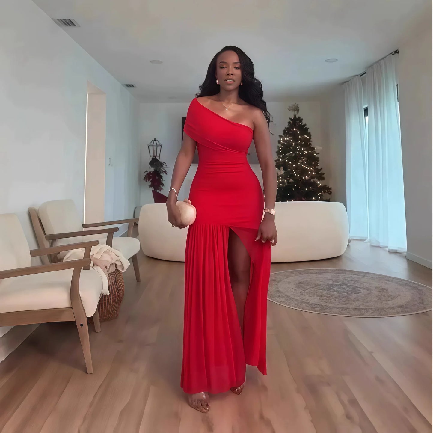 Women One Shoulder Skew Neck High Split Pleated Hem Bodycon Long Maxi Dress 2025 Evening Sexy Club Party Dresses Vestido