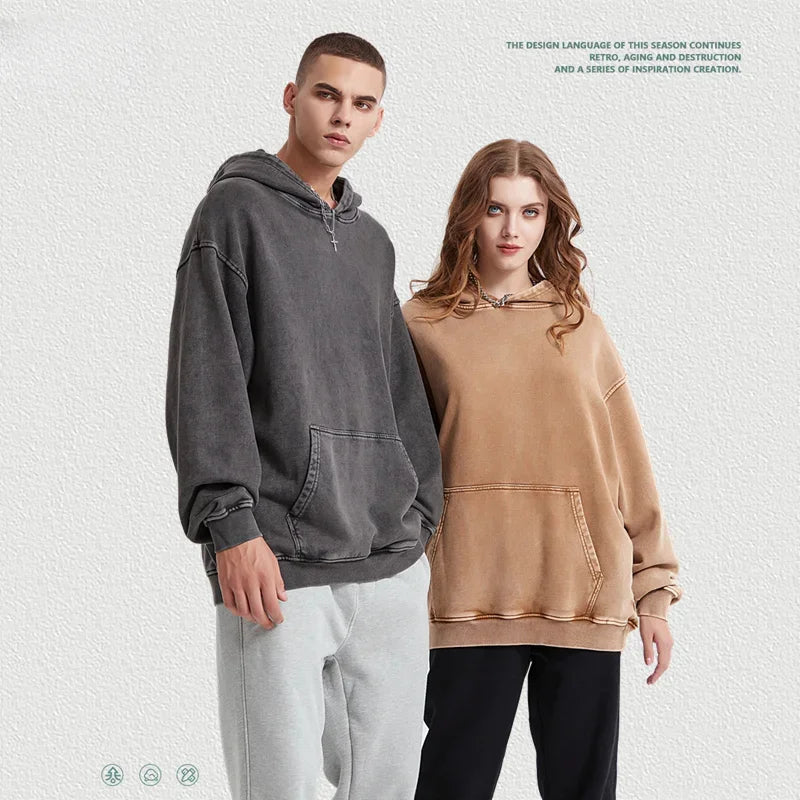 2024 Autumn Winter Men 420gsm Hoodies Streetwears High Street Heavy Weight Washed Cotton Sweatshirts Brand Tracksuit