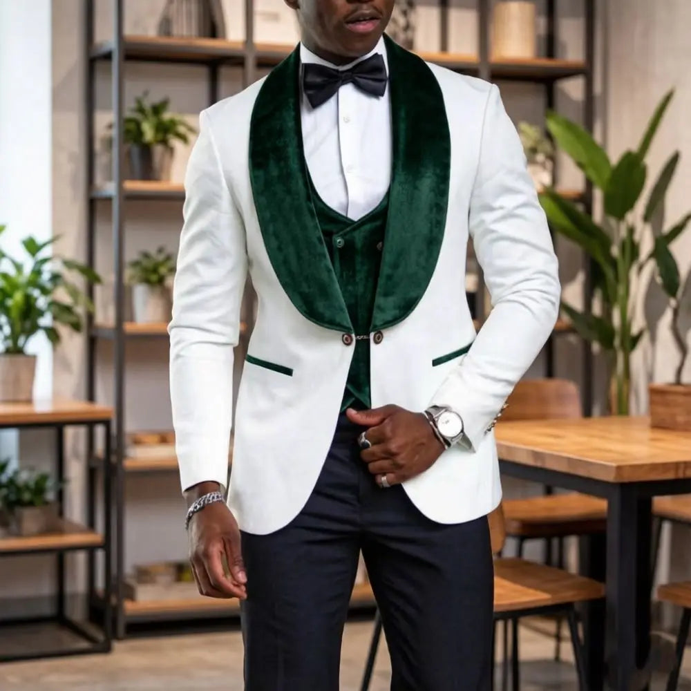 White Formal Suits for Men Slim Fit 3 Pieces Custom Made Wedding Tuxedo Mix Match Velvet Shawl Lapel Prom Movie Premiere Wear