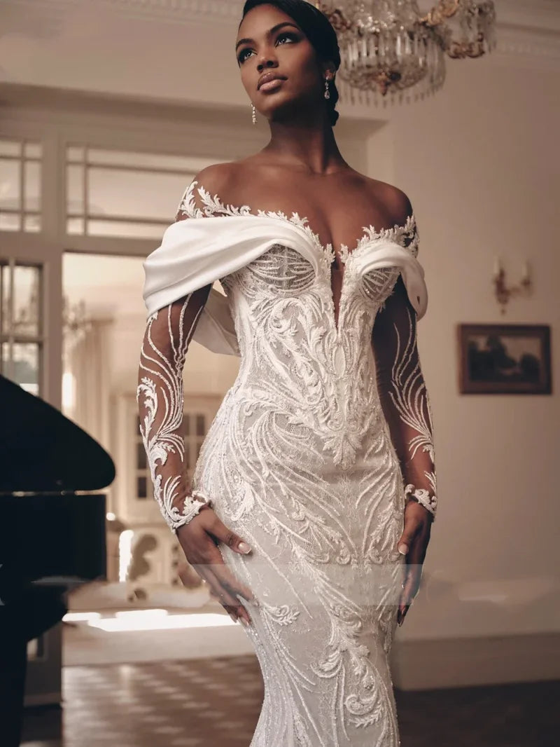 Luxury Lace Mermaid Wedding Dress Off Shoulder Long Sleeve Deep V-neck Detachable Tail Elegant Shining Wedding Dress Custom