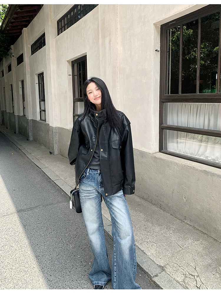 Lautaro Spring Winter Cool Oversized Thicken Warm Black Hard Pu Leather Jacket Women Long Sleeve High Quality American Clothing