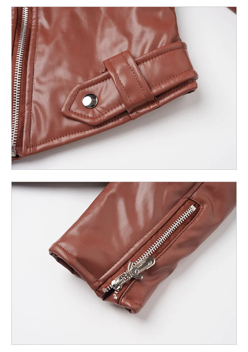 New Women slim short leather jacket plus cotton high waist long sleeve lapel diagonal zipper leather jacket pu motorcycle suit