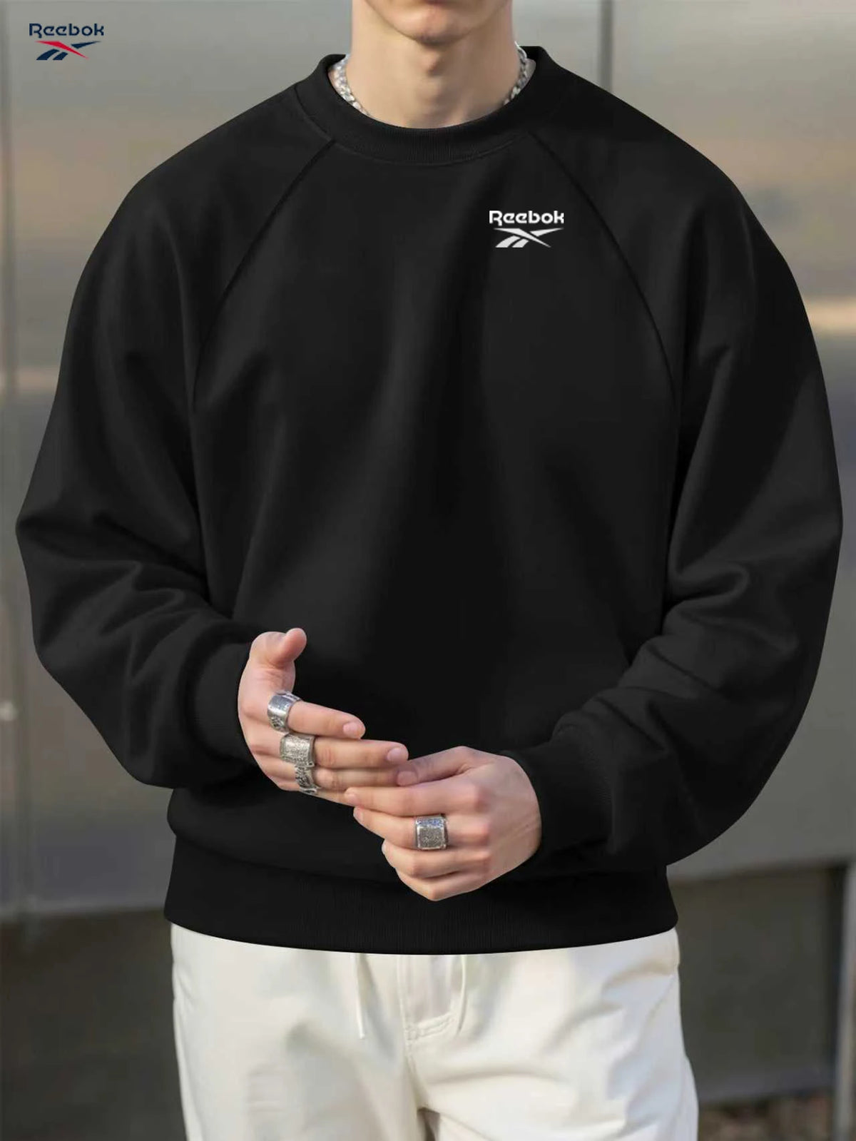 Reebok's New Thick Fabric Men's Simple-Style Sports Shirt - Fashionable Solid Color-Round-Neck Pullover-Fall Evening Casual Top