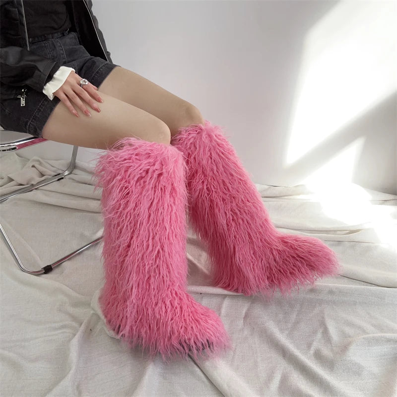 Hot Sale Ins Fashion Long Women Furry Boots Winter Knee Length Keep Warm Ladies Snow Boots