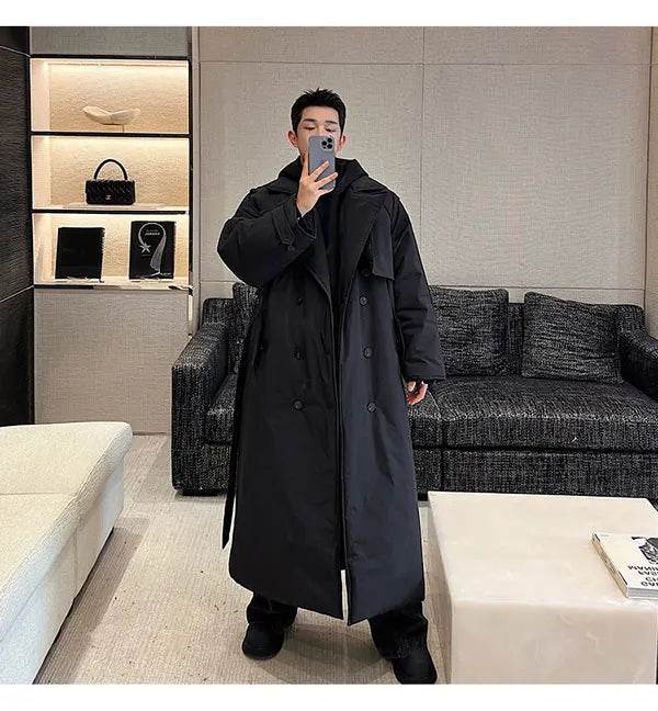Winter Thickened Long Down Jacket Man's Belt Design Korean Warm Over The Knee Fashionable Long Sleeve Solid Color Cotton Coats