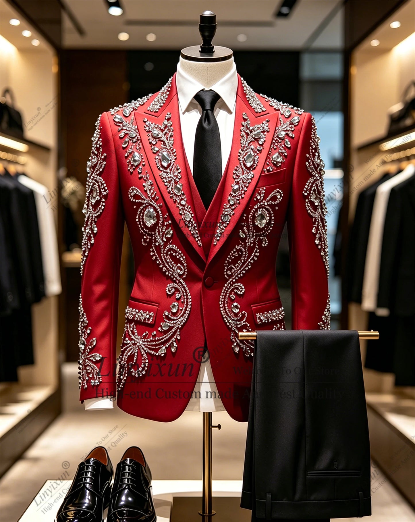 Shiny Plears Beaded Men Suits 3 Pieces Sets Groom Tuxedos Customized Party Prom Blazer Slim Fit Dinner Wedding Costume Homme